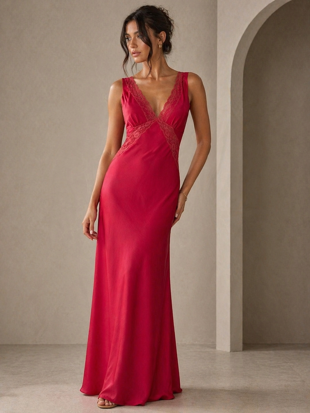 Thirty Thirty Scalloped Lace Satin Finish Slip Maxi Dress, Size Small